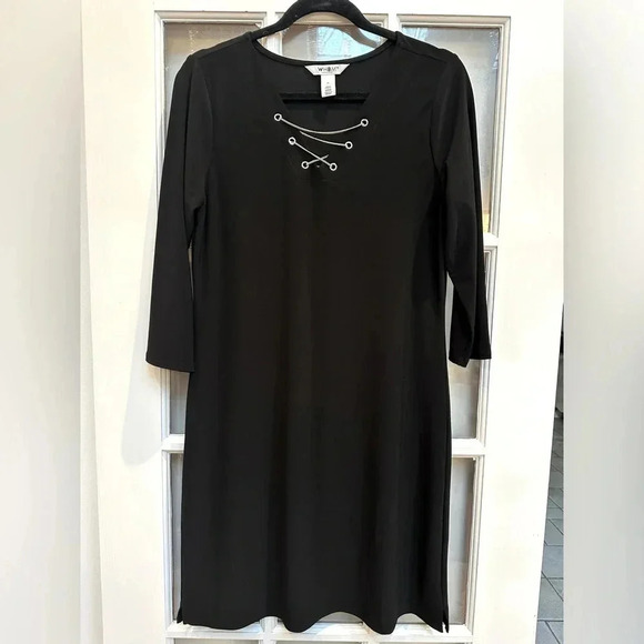White House Black Market WHBM Black Chain Lace Up Shift Dress Size Medium M - Picture 1 of 8